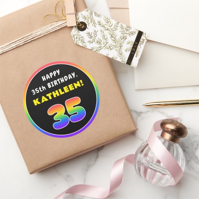 35th Birthday: Colorful Rainbow # 35, Custom Name Classic Round Sticker (Gifting)