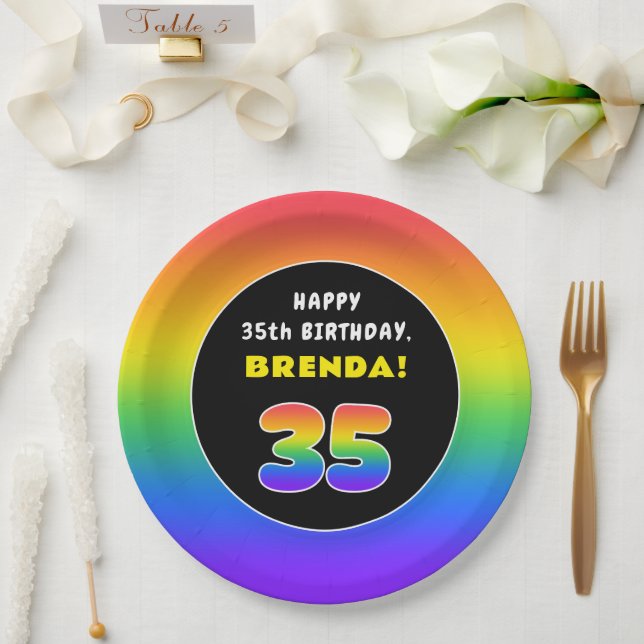 35th Birthday: Colorful Rainbow # 35, Custom Name Paper Plates (Wedding)