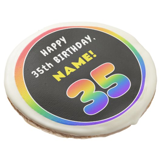 35th Birthday: Colorful Rainbow # 35, Custom Name Sugar Cookie (Angled)