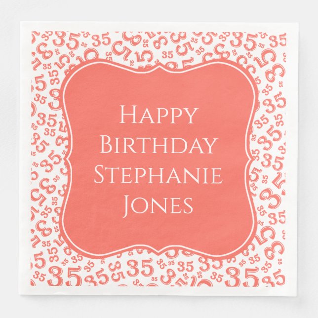 35th Birthday Coral/White Bracket Number Pattern Paper Dinner Napkins (Front)