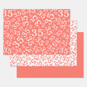 35th Birthday Coral/White Random Number Pattern 35 Wrapping Paper Sheets