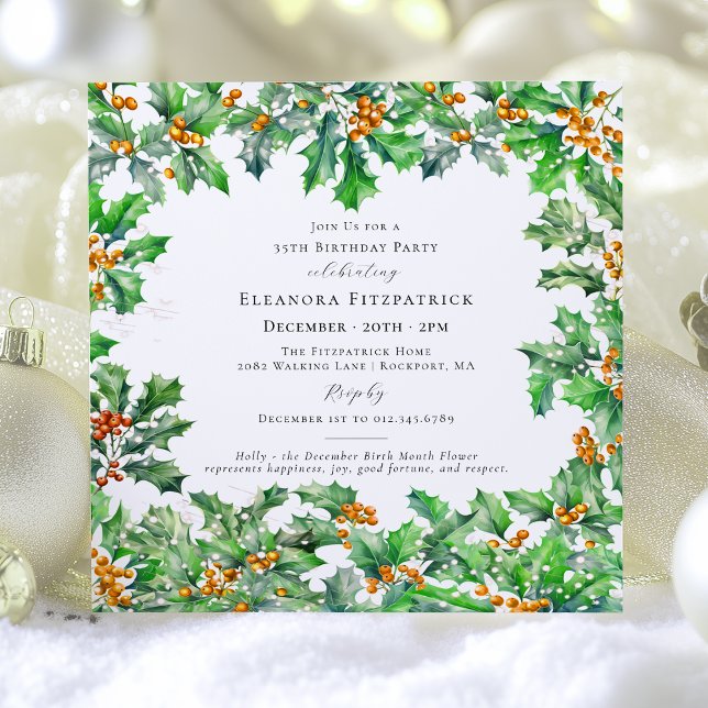 35th Birthday December Birth Flower Holly Square Invitation (Creator Uploaded)