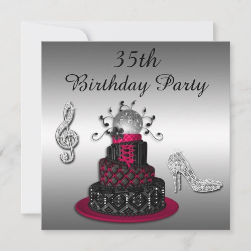 35th Birthday Disco Diva Cake and Sparkle Heels Invitation