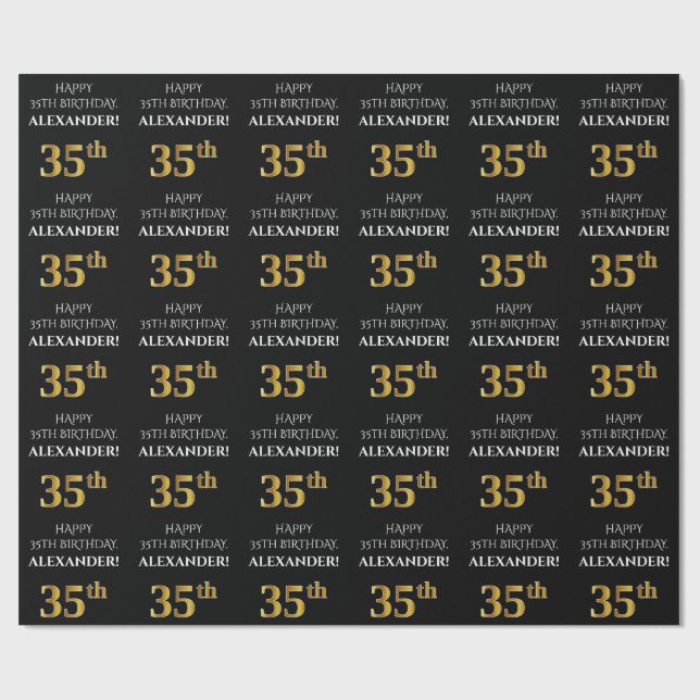 35th Birthday: Elegant, Black, Faux Gold Look Wrapping Paper (Flat)