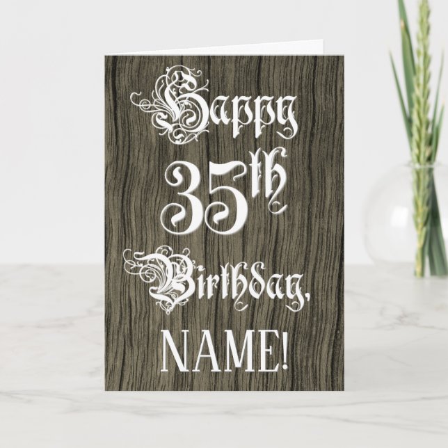 35th Birthday: Fancy, Elegant Text; Faux Wood Look Card (Front)
