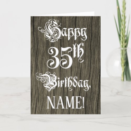 35th Birthday Fancy Elegant Text Faux Wood Look Card