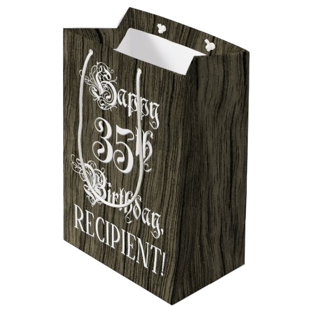 35th Birthday: Fancy, Faux Wood Look + Custom Name Medium Gift Bag (Back Angled)