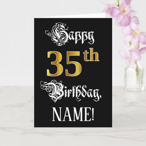 35th Birthday  Fancy Script Faux Gold Look Name Card