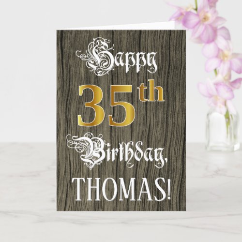 35th Birthday Faux Gold Look  Faux Wood Pattern Card