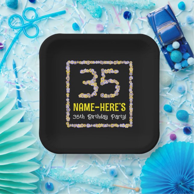 35th Birthday: Floral Flowers Number, Custom Name Paper Plates (Party)