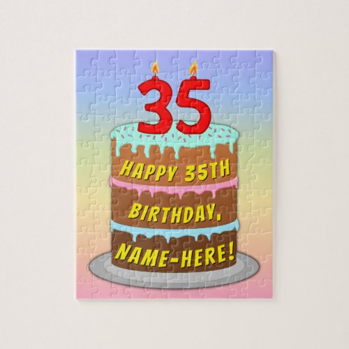 35th Birthday Fun Cake and Candles  Custom Name Jigsaw Puzzle