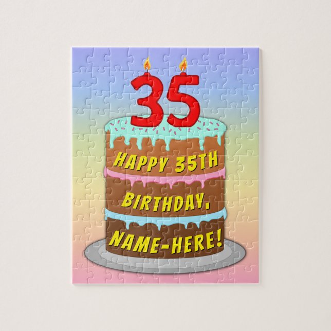 35th Birthday: Fun Cake and Candles + Custom Name Jigsaw Puzzle (Vertical)