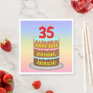 35th Birthday: Fun Cake and Candles + Custom Name Napkins