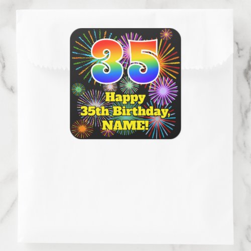 35th Birthday Fun Fireworks Look Rainbow  35 Square Sticker