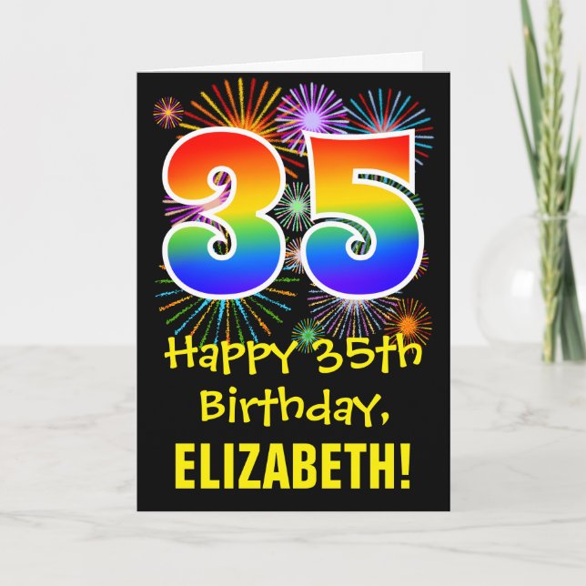 35th Birthday: Fun Fireworks Pattern + Rainbow 35 Card (Front)
