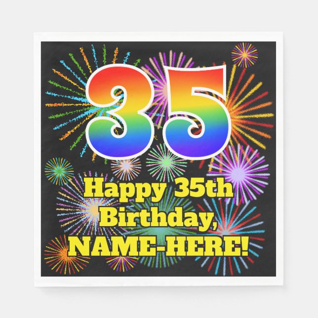 35th Birthday: Fun Fireworks Pattern + Rainbow 35 Napkins (Front)