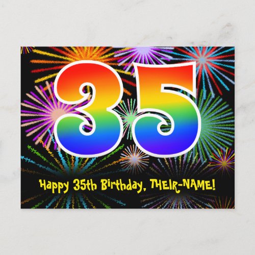 35th Birthday  Fun Fireworks Pattern  Rainbow 35 Postcard