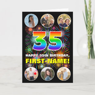35th Birthday: Fun Rainbow #, Custom Name & Photos Card