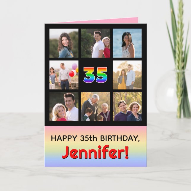 35th Birthday: Fun Rainbow #, Custom Photos + Name Card (Front)