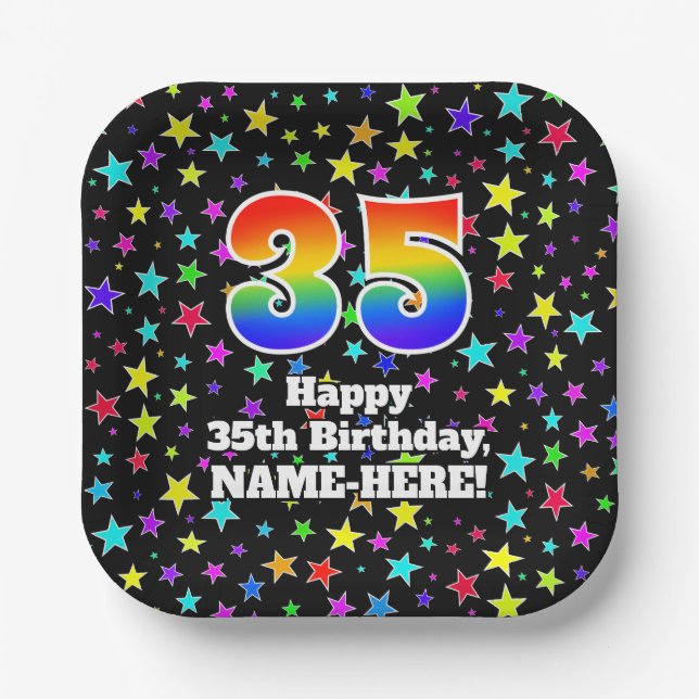 35th Birthday: Fun Stars Pattern and Rainbow “35” Paper Plates (Front)