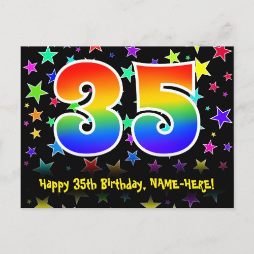 35th Birthday Fun Stars Pattern Rainbow 35 Name Postcard