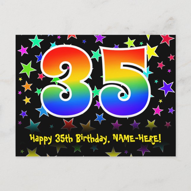 35th Birthday: Fun Stars Pattern, Rainbow 35, Name Postcard (Front)