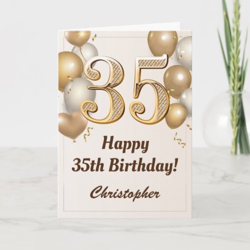 35th Birthday Gold Balloons and Confetti Birthday Card