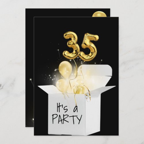 35th Birthday Gold Balloons In White Box Invitation