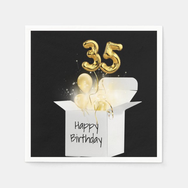 35th Birthday Gold Balloons In White Box  Napkins (Front)