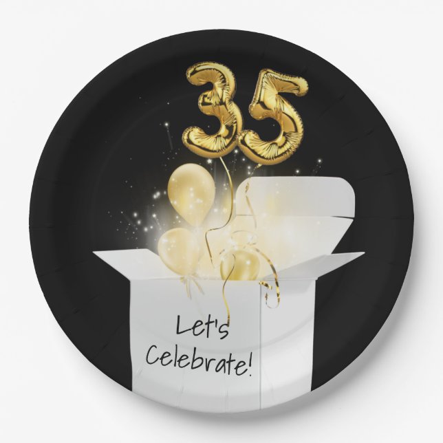 35th Birthday Gold Balloons In White Box    Paper Plates (Front)