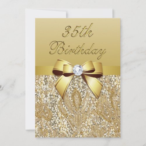 35th Birthday Gold Faux Sequins and Bow Invitation