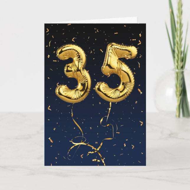 35th Birthday Gold Mylar Balloon and Confetti Card (Front)