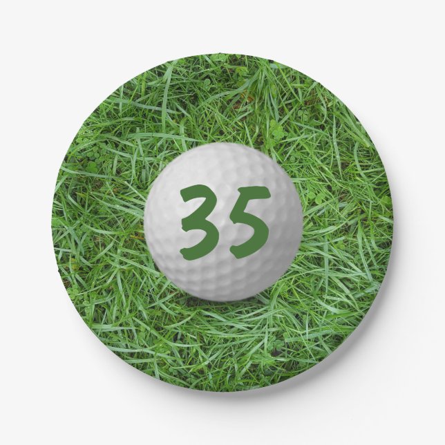 35th Birthday Golf Ball on Grass Paper Plate (Front)