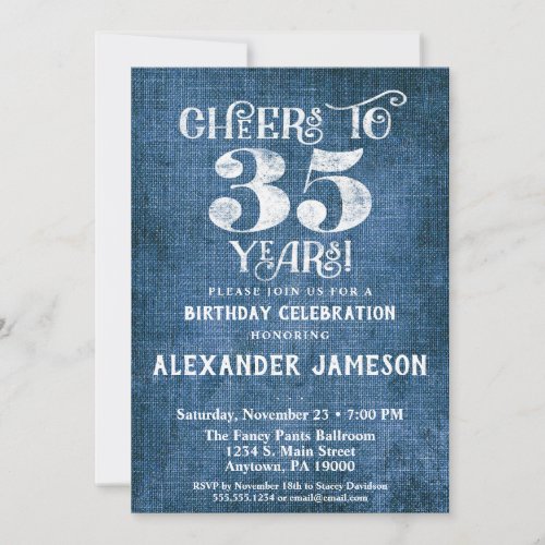 35th Birthday Invitation Blue Linen Rustic Cheers