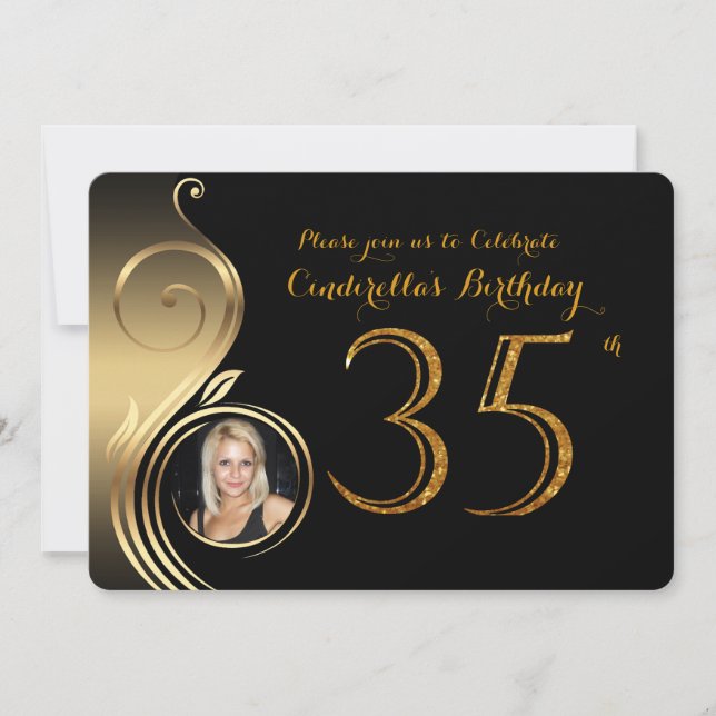 35th,Birthday Invitation,Number Glitter Gold,Photo Invitation (Front)