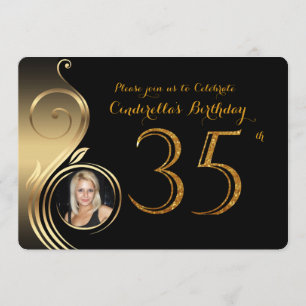 35th,Birthday Invitation,Number Glitter Gold,Photo Invitation