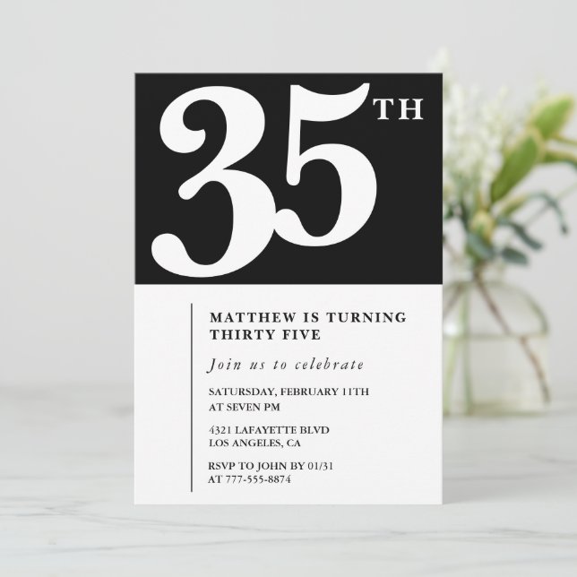 35th birthday invitations Black White Elegant (Standing Front)