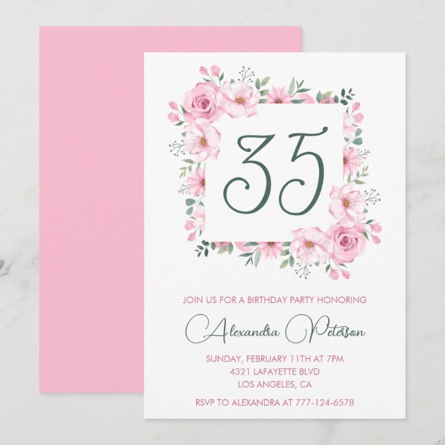 35th birthday invitations Floral Elegant Pink (Front/Back)