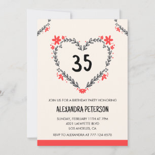 35th birthday invitations floral heart
