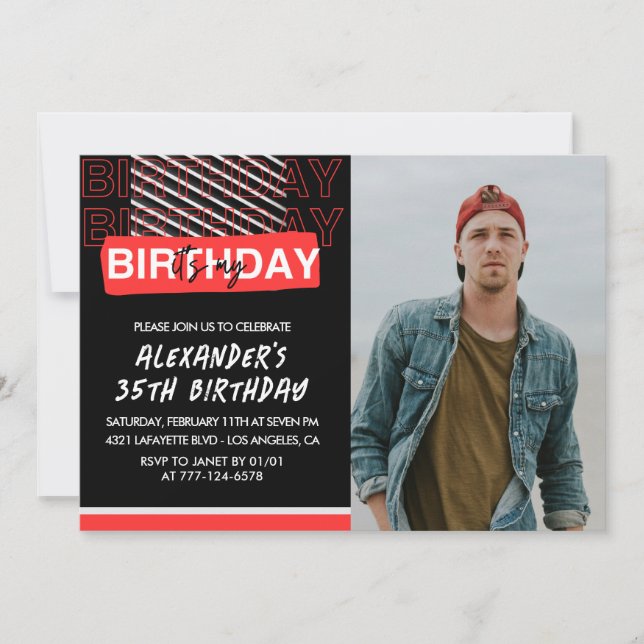 35th birthday invitations Men Party Photo Red  (Front)
