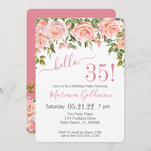 35th Birthday Invitations Pink Floral Modern Party