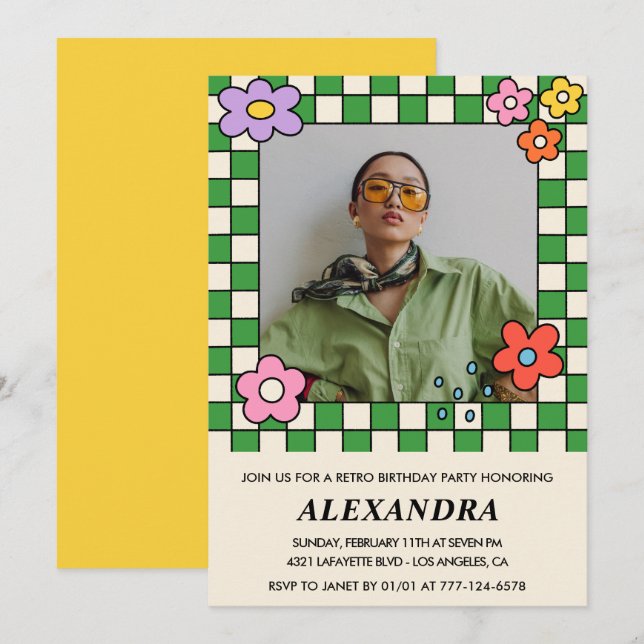 35th birthday invitations Retro Groovy Flowers (Front/Back)