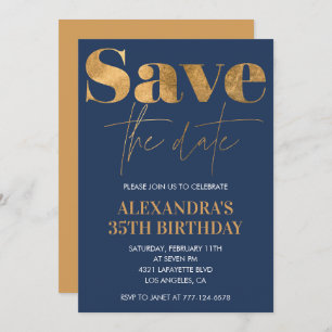 35th birthday invitations Save the date Gold Navy