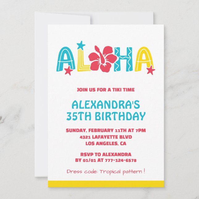 35th birthday invitations Tropical Aloha Hawaiian (Front)