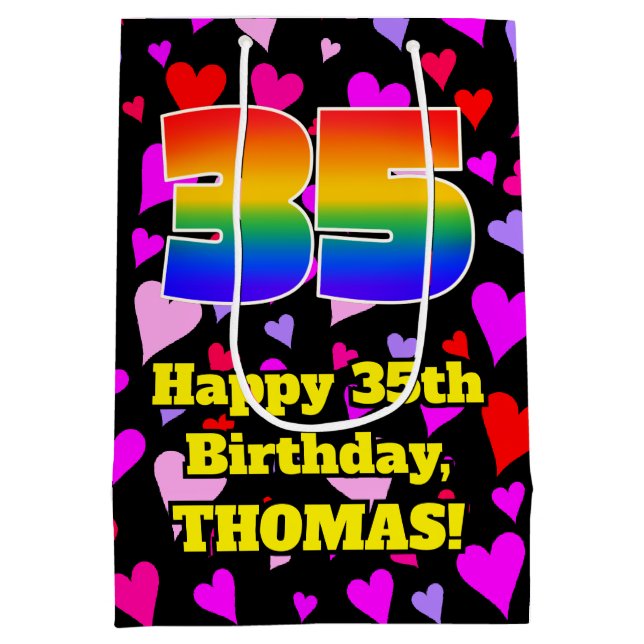 35th Birthday: Loving Hearts Pattern, Rainbow # 35 Medium Gift Bag (Back)