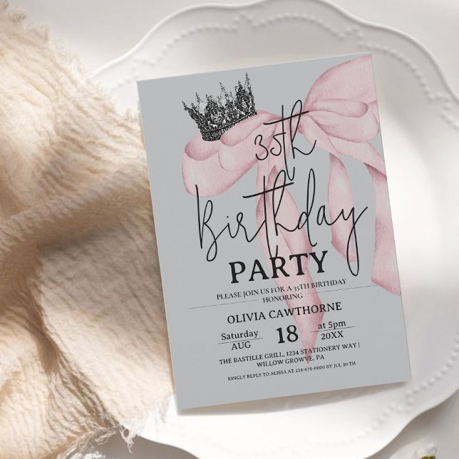 35th Birthday ⎮ Modern Royal Bow Birthday  Invitation (Creator Uploaded)