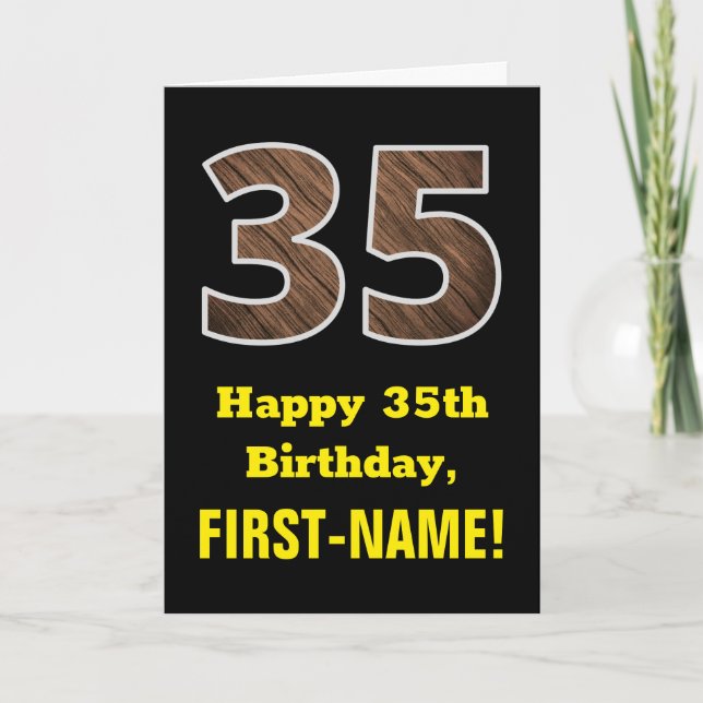 35th Birthday: Name, Faux Wood Grain Pattern "35" Card (Front)
