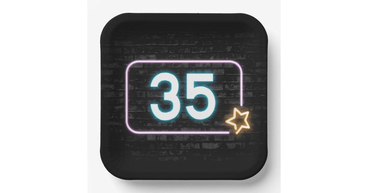 35th Birthday Neon Sign On Brick Paper Plates | Zazzle