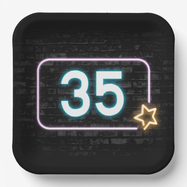35th Birthday Neon Sign On Brick Paper Plates (Front)