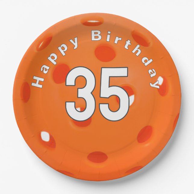 35th Birthday Orange Pickleball Paper Plates (Front)